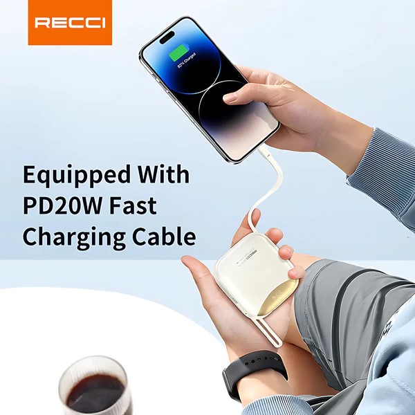 Recci Stylish Power Bank Fast Charging with Dual Cable 10000mAh
