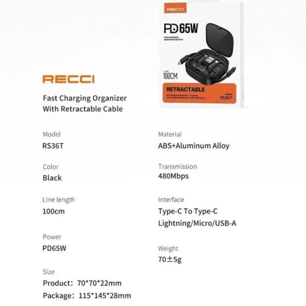 Recci 5 In 1 PD65W Charger Retractable Multi-port Adaptor