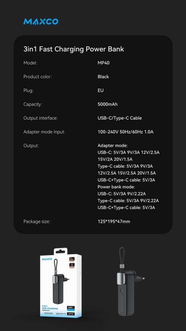 MAXCO 3-in-1 Fast Charging Power Bank 30W 5000mAh