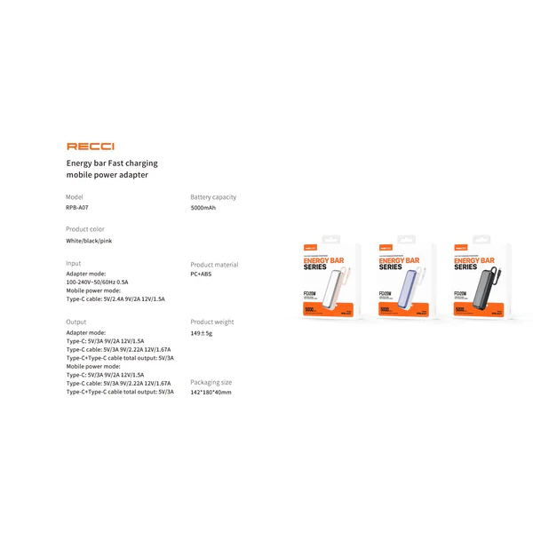 Recci Energy Bar Fast Charging Power Bank 5000mAh