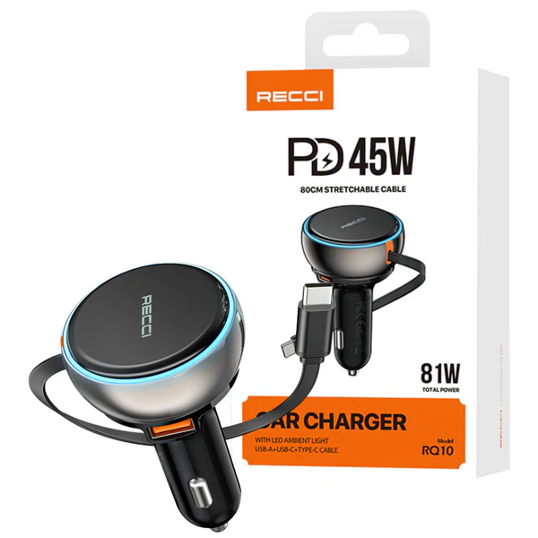 Recci 81W Car Charger with Built-in Type-C Cable