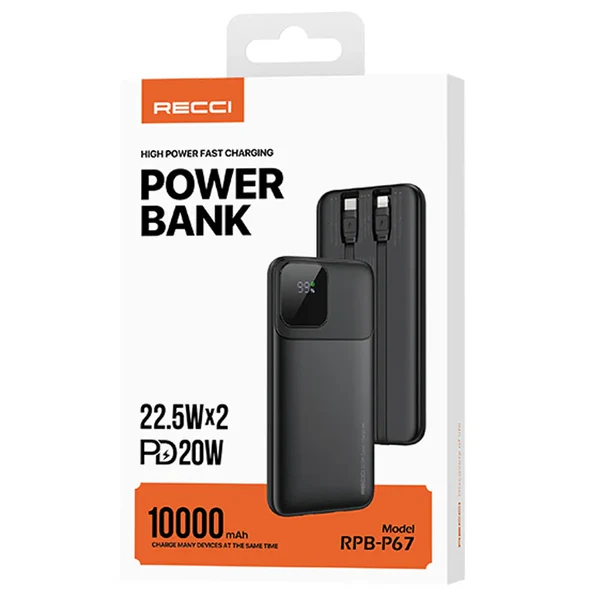 Recci Power Bank 10000mAh  22.5W with Built-In Cables Fast Charging