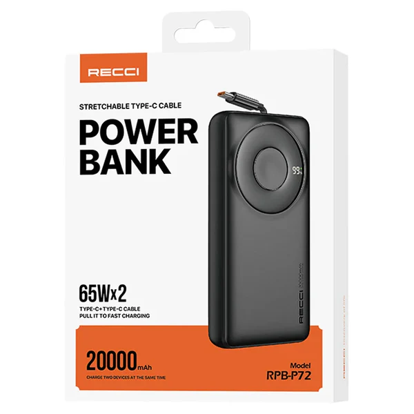 Recci 20000mAh 65W Fast Charging Power Bank with Dual Type-C Cable