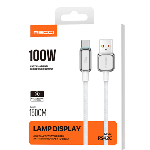 Recci 100W Fast Charging USB-A to Type-C Cable with Lamp Display